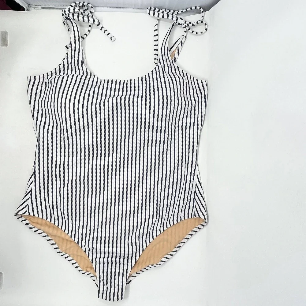 J Crew One Piece Swimsuit Wms XXL Navy Blue White Stripe Nautical Tie Shoulder